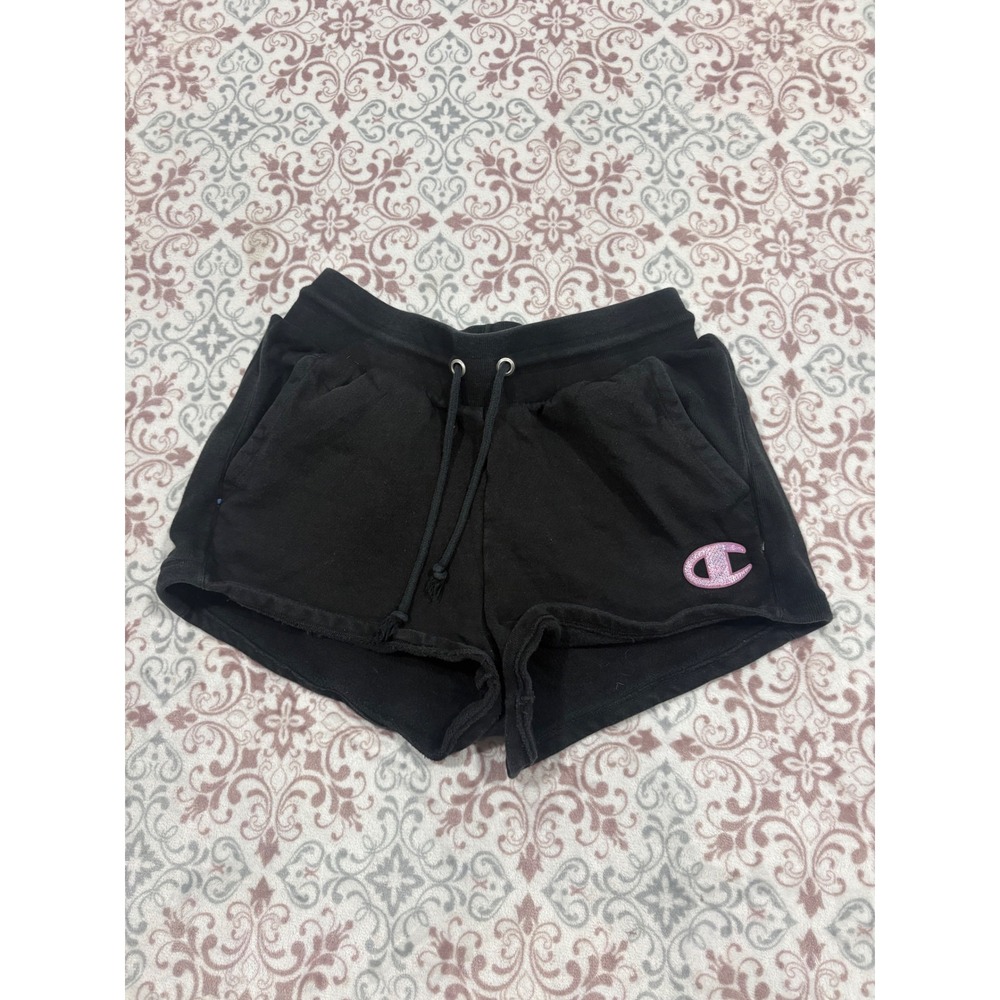 Champion Reverse Weave Black Sweat Shorts Pink Glitter Logo Womens Medium